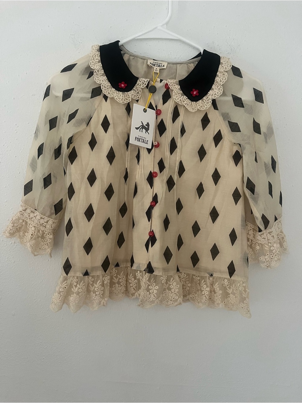 Foxtale Girls Cream Lace Blouse with Black Diamond Print and Decorative Collar